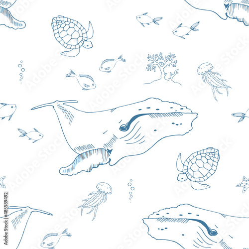 Seamless pattern with whale and under water creatures