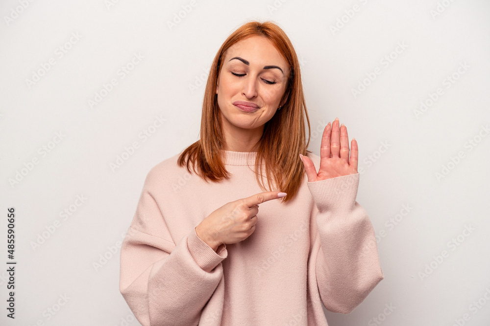 Young caucasian woman isolated on white background smiling cheerful showing number five with fingers. Young caucasian woman isolated on white background smiling cheerful showing number five with fingers.