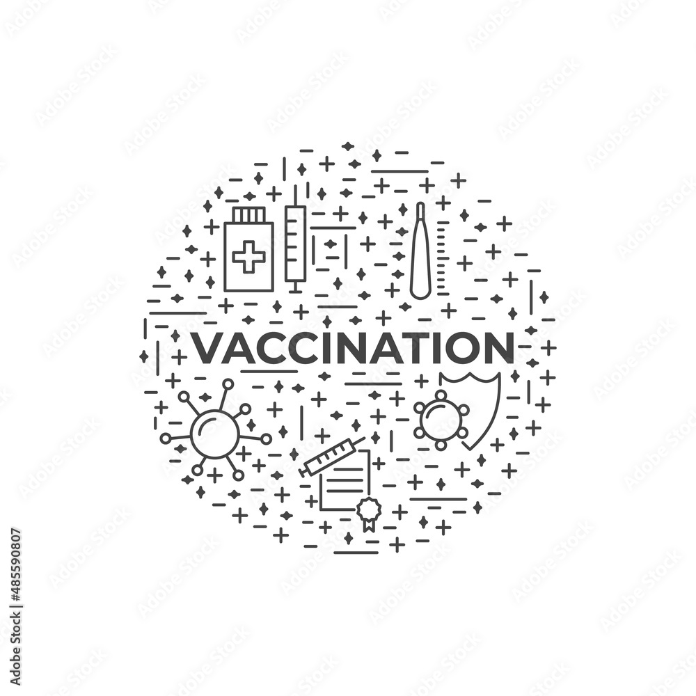 Vaccination, immunization line style icon design element. Vaccines against virus, vaccination sheldule, anti vaccine, shield virus. Flu, hepatitis, measles covid prevention. Flat vector illustration
