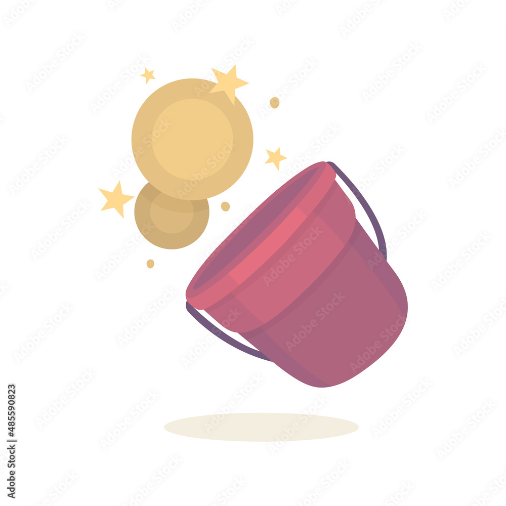 Bucket with coins. Little buckets drawing in cartoon style. Bucket illustration. Wealth