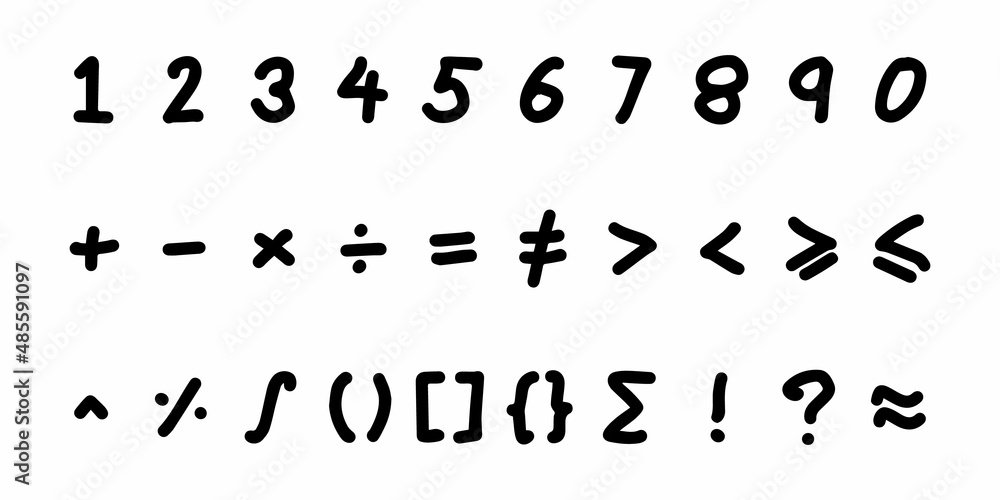 Black color handwriting of number and mathematics symbol on white background Black color handwriting of number and mathematics symbol on white background