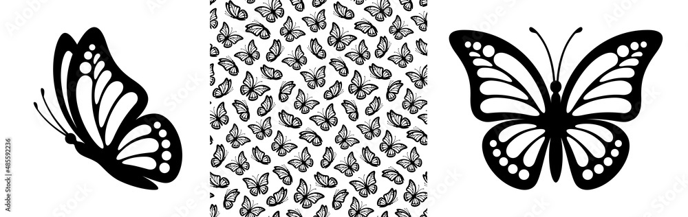 Abstract modern seamless pattern of monarch butterfly contours on white background for decoration design. Closeup design element black butterfly. Side view vector icon - obrazy, fototapety, plakaty 