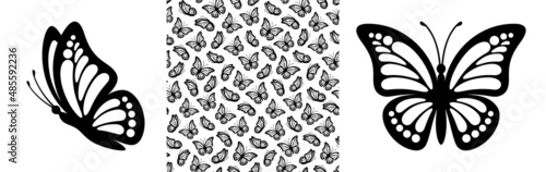 Abstract modern seamless pattern of monarch butterfly contours on white background for decoration design. Closeup design element black butterfly. Side view vector icon photo
