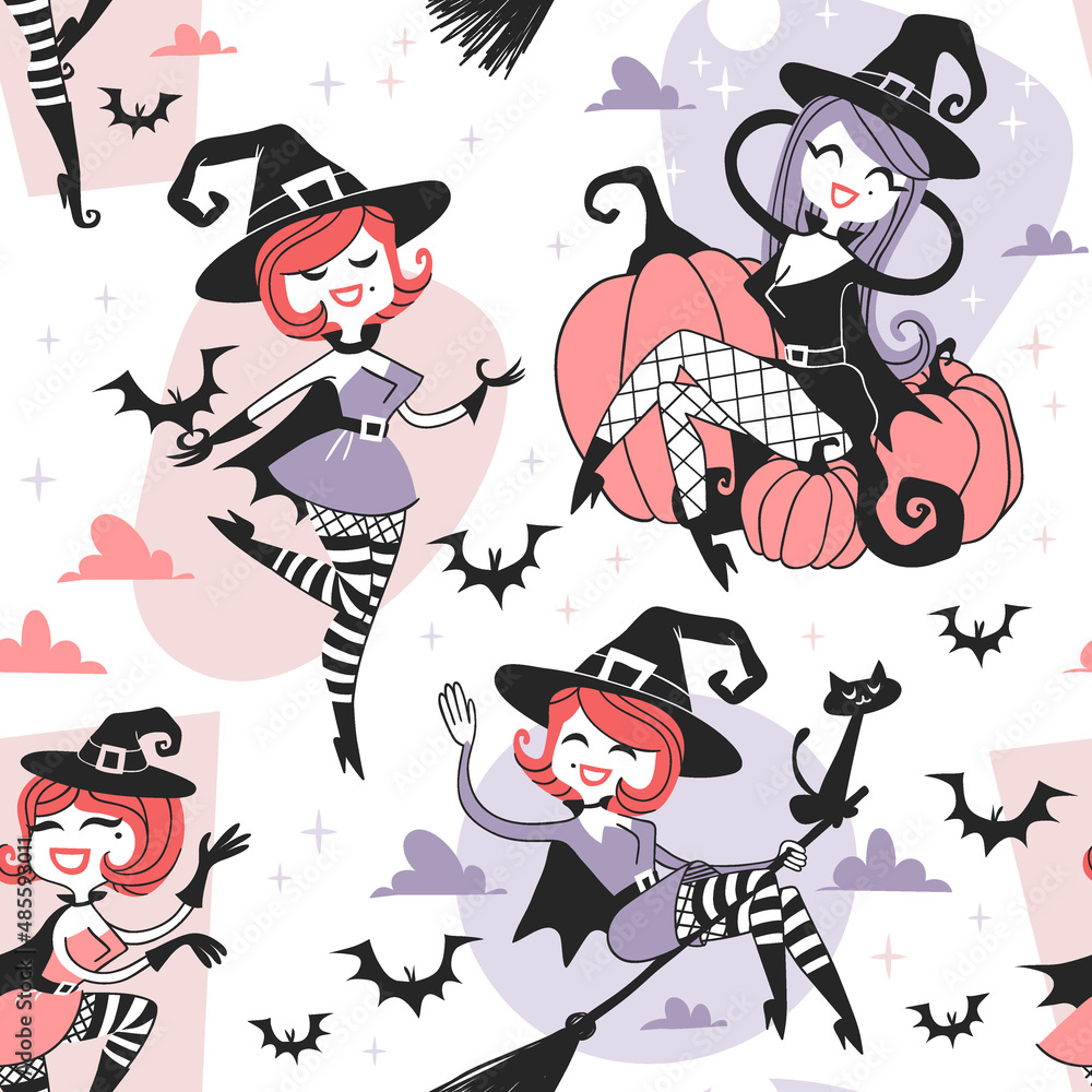 Hand drawn Retro illustration Halloween Characters. Creative Cartoon art work. Actual vector drawing Holiday People. Artistic Vintage Seamless Pattern with Witches