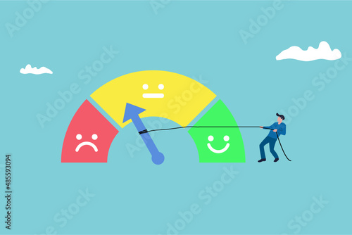strong businessman pull the string to make rating gauge to be excellent. illustration of rating customer satisfaction meter. Different emotions art design from red to green.