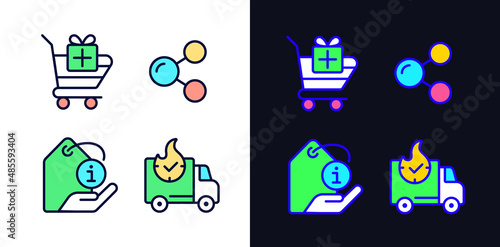 Buying products on internet pixel perfect light and dark theme color icons set. Express delivery. Product description. Simple filled line drawings. Bright cliparts on white and black. Editable stroke