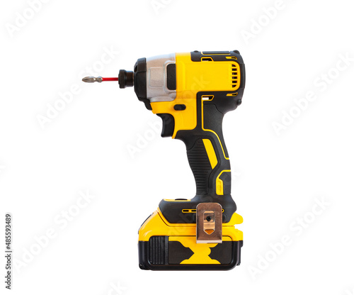 The yellow and black cordless battery powered drill isolated on white background.