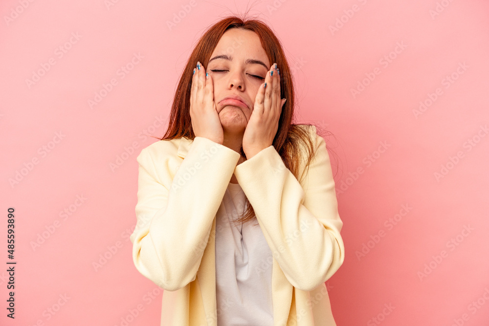 Young caucasian woman isolated on pink background whining and crying disconsolately. Young caucasian woman isolated on pink background whining and crying disconsolately.