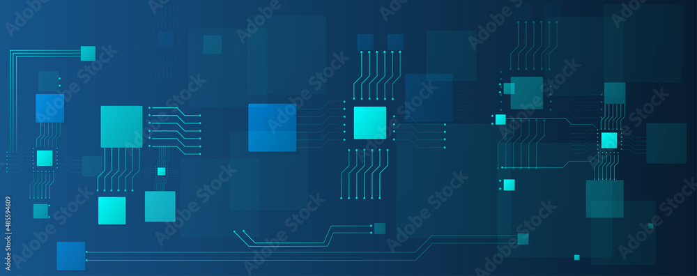 circuit board and chip computer electronic or electrical line on blue engineering technology concept vector panorama background