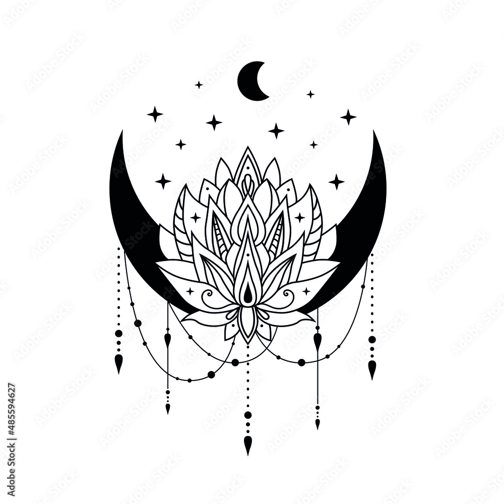 Lotus flowers with crescent moon and stars, vector blooming lotus ...