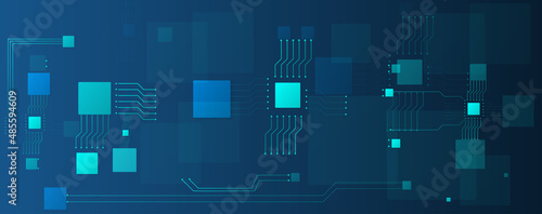 circuit board and chip computer electronic or electrical line on blue engineering technology concept vector panorama background