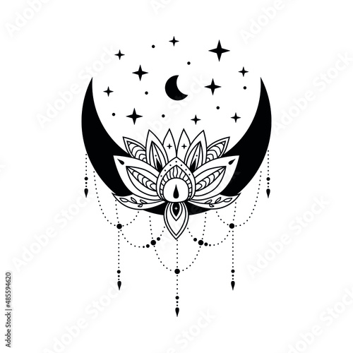 Lotus flowers with crescent moon and stars, vector blooming lotus. Lotus logo design. Lotus spiritual design  isolated on white background