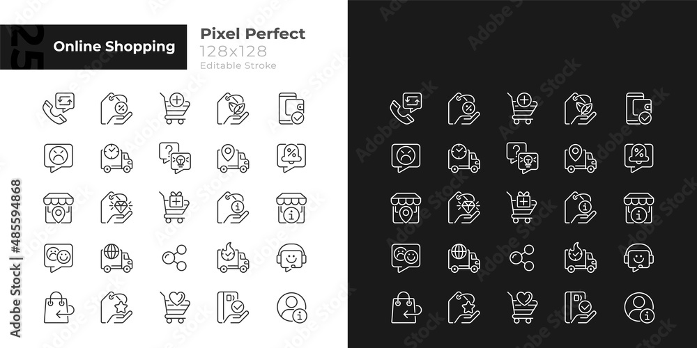 Online shopping pixel perfect linear icons set for dark, light mode ...