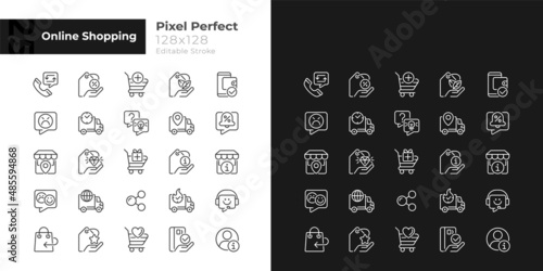 Online shopping pixel perfect linear icons set for dark, light mode. Electronic commerce. Thin line symbols for night, day theme. Isolated illustrations. Editable stroke. Quicksand-Light font used