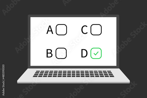 Online form survey on computer vector illustration, flat cartoon desktop pc showing exam paper sheet document icon