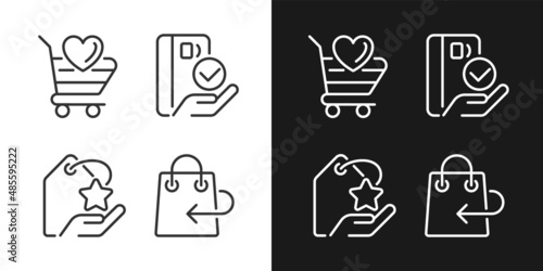 Special offer for customers pixel perfect linear icons set for dark, light mode. Return policy. Pay with credit card. Thin line symbols for night, day theme. Isolated illustrations. Editable stroke