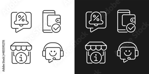 Shop website interface pixel perfect linear icons set for dark, light mode. Discounts notification. Electronic wallet. Thin line symbols for night, day theme. Isolated illustrations. Editable stroke