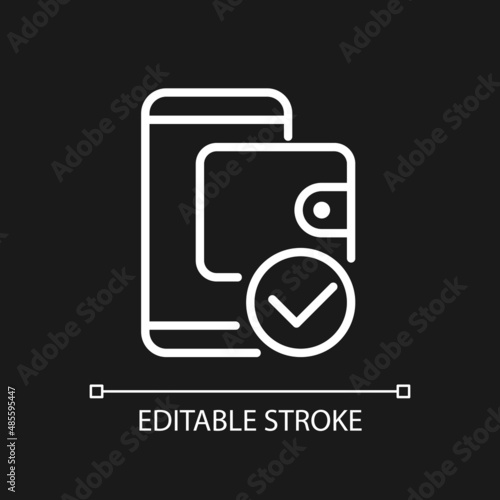 E wallet payment pixel perfect white linear icon for dark theme. Electronic account. Online money transaction. Thin line illustration. Isolated symbol for night mode. Editable stroke. Arial font used