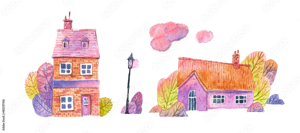 Naklejka premium A set of watercolor elements of the morning city, houses, trees, clouds in a childish style.