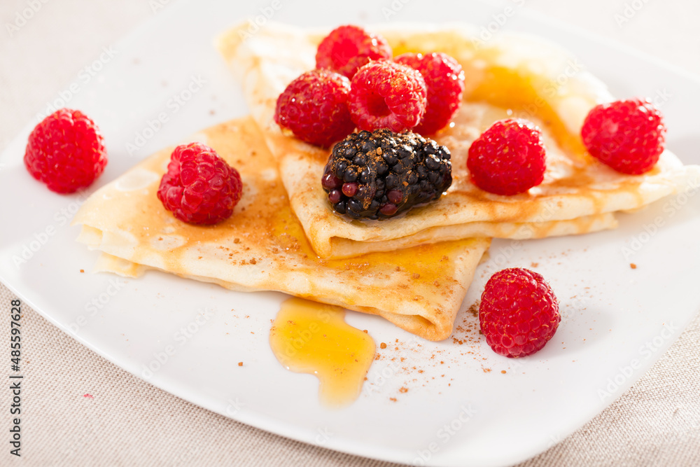 pancakes with raspberries, blackberries and honey pancakes with raspberries, blackberries and honey