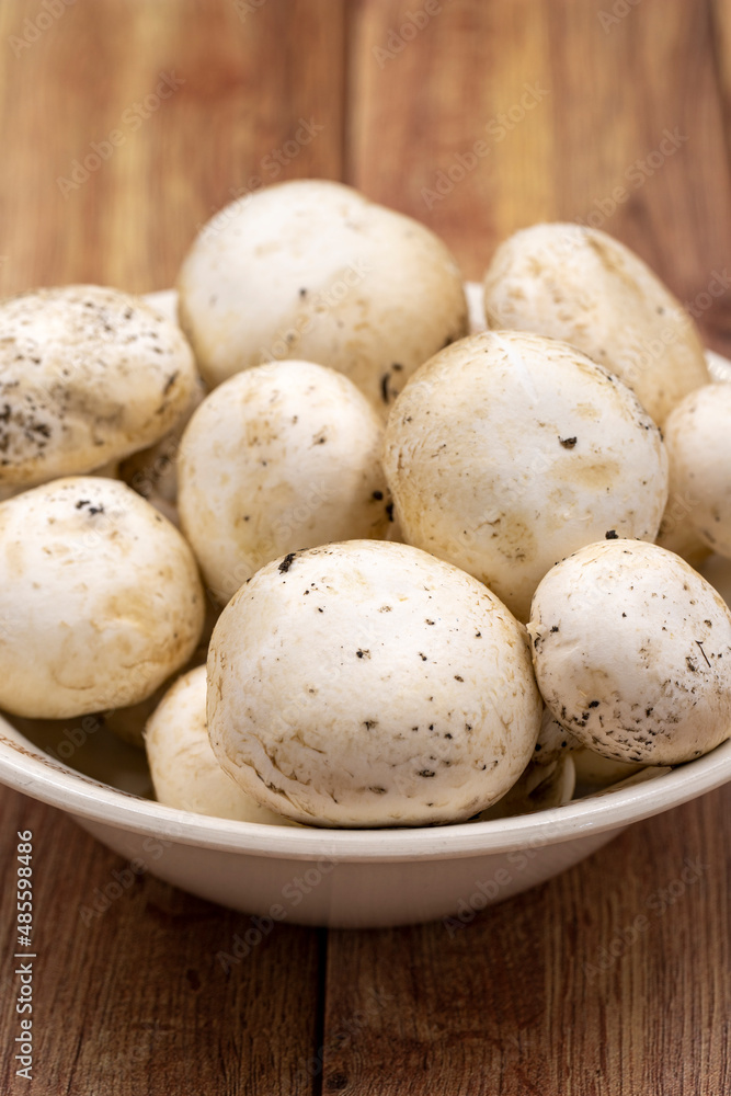 Mushrooms in a ceramic plate on a wooden floor. Cultivated mushroom or portabello mushroom Mushrooms in a ceramic plate on a wooden floor. Cultivated mushroom or portabello mushroom