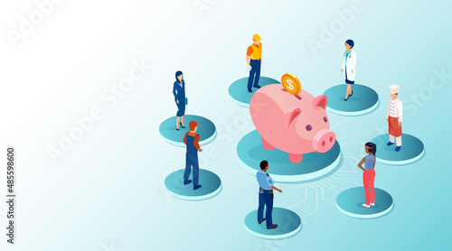 Vector of people of different occupations standing around a piggybank