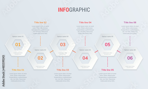 Abstract business honeycomb infographic template with 6 options. Red diagram, timeline and schedule isolated on light background.
