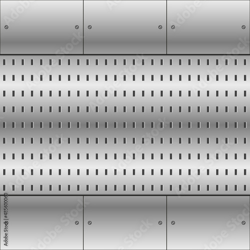 Abstract metallic background. Silver sheet with perforated square holes mesh. Polished metal plate with rivets, screws. Design template