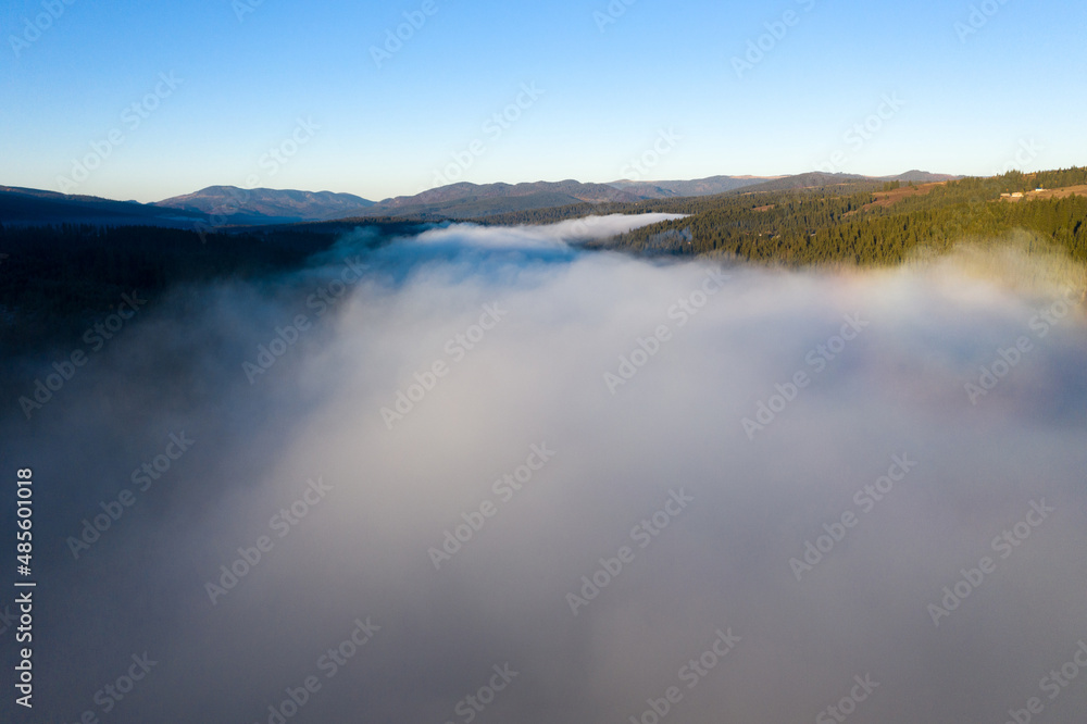 Aerial view of misty morning in the mountains