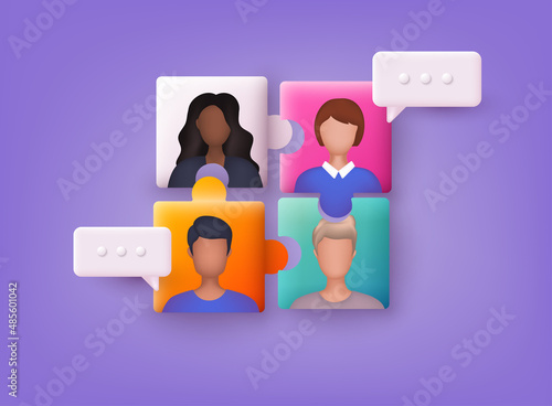 Business concept. Team work concept. People connecting like puzzle elements. 3D Web Vector Illustrations.