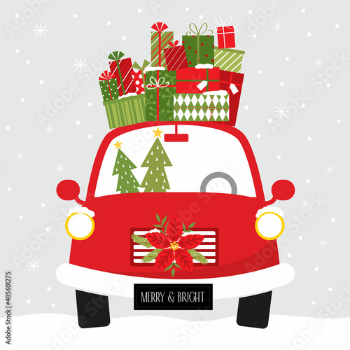 christmas greeting card with red car and christmas gift design
