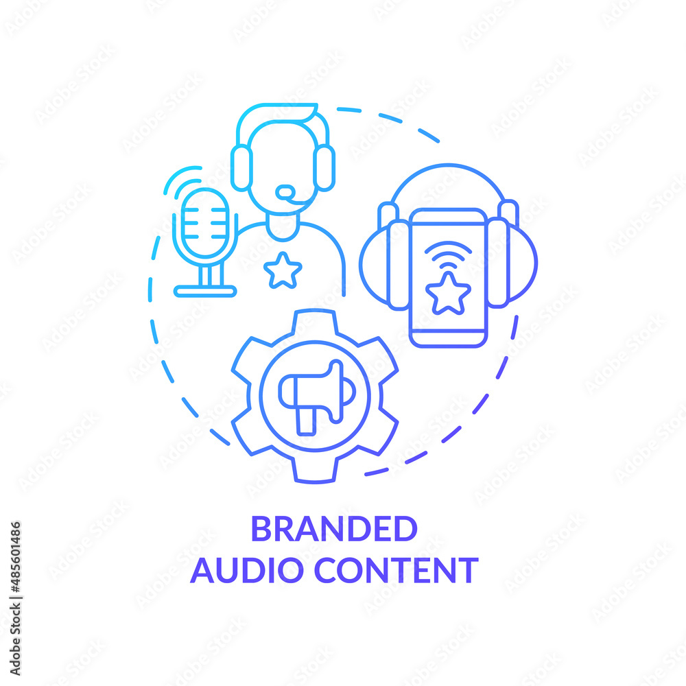 Branded audio content blue gradient concept icon. Broadcast show and music. Current marketing trend abstract idea thin line illustration. Isolated outline drawing. Myriad Pro-Bold font used