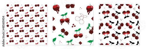 Set, collection of three chocolate covered cherry vector seamless pattern backgrounds for food, dessert design.
