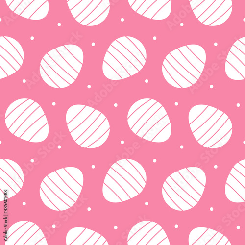 Cute and simple pink vector seamless pattern background with striped easter eggs and dots for Easter design.