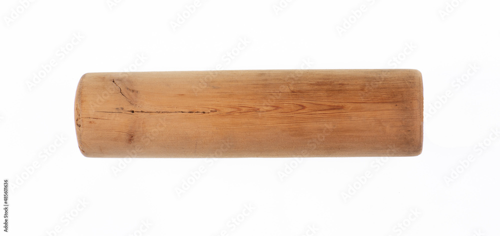 wooden thick rolling pin isolated on white background