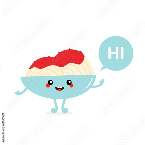 Cute happy spaghetti dish with tomato sauce character with speech bubble saying hi, hello.