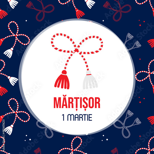 Martisor celebration greeting card, vector illustration with cute cartoon style martisor talismans, gifts and seamless pattern. Traditional spring holiday in Romania and Moldova. March 1.