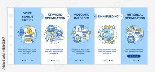 SEO marketing trends blue and white onboarding template. Promo campaign. Responsive mobile website with linear concept icons. Web page walkthrough 5 step screens. Lato-Bold, Regular fonts used