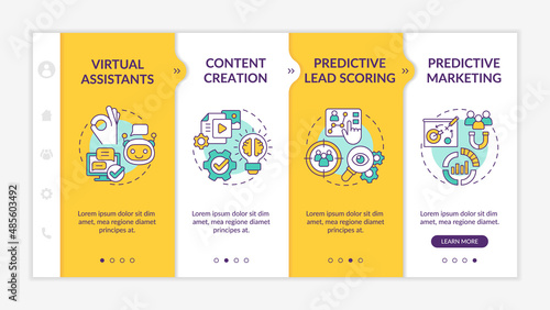 Usage of AI in marketing yellow onboarding template. Automation system. Responsive mobile website with linear concept icons. Web page walkthrough 4 step screens. Lato-Bold, Regular fonts used