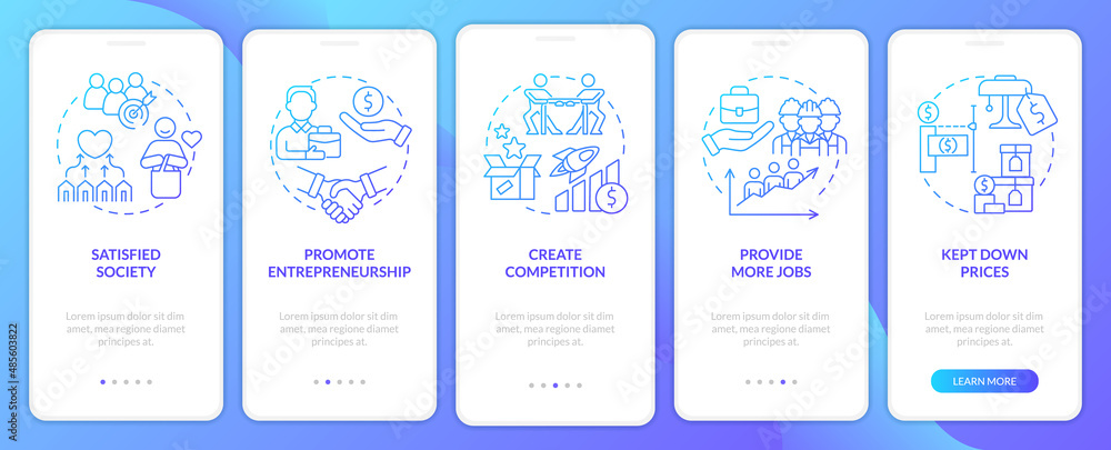 Market economy advantages blue gradient onboarding mobile app screen. Walkthrough 5 steps graphic instructions pages with linear concepts. UI, UX, GUI template. Myriad Pro-Bold, Regular fonts used