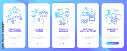 Mixed economy features blue gradient onboarding mobile app screen. Walkthrough 5 steps graphic instructions pages with linear concepts. UI, UX, GUI template. Myriad Pro-Bold, Regular fonts used