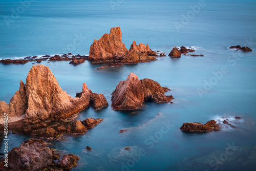 Seasape with seastacks; Long exposure image of the rocky coast of Andalusia, Cabo de Gata, Spain 