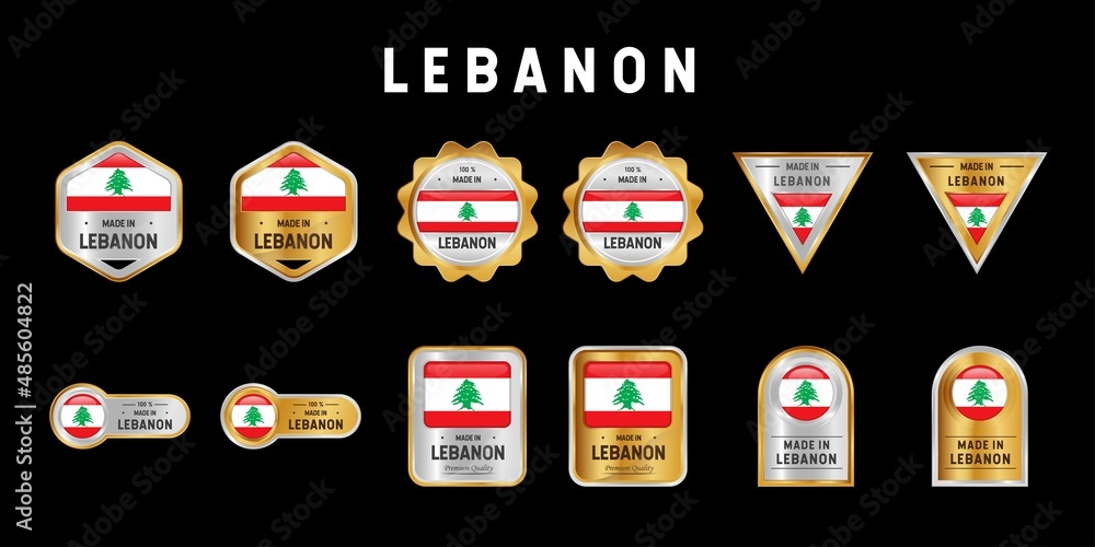 Naklejka premium Made in Lebanon Label, Stamp, Badge, or Logo. With The National Flag of Lebanon. On platinum, gold, and silver colors. Premium and Luxury Emblem