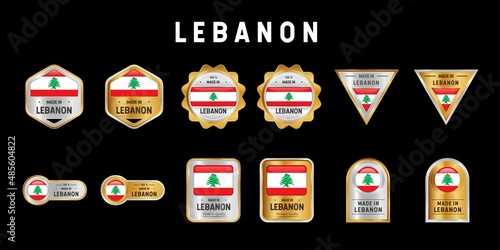 Made in Lebanon Label, Stamp, Badge, or Logo. With The National Flag of Lebanon. On platinum, gold, and silver colors. Premium and Luxury Emblem