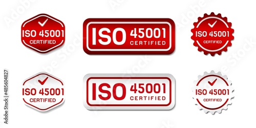 ISO 45001 Occupational Health and Safety Management System Certificate Stamp or Logo. With check icon. On gradient red and white color. Premium and luxury vector illustration template