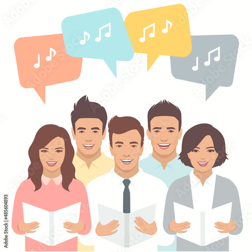 Cristian people. Choir singing, Music school, man and woman vocal group, cartoon vector illustration