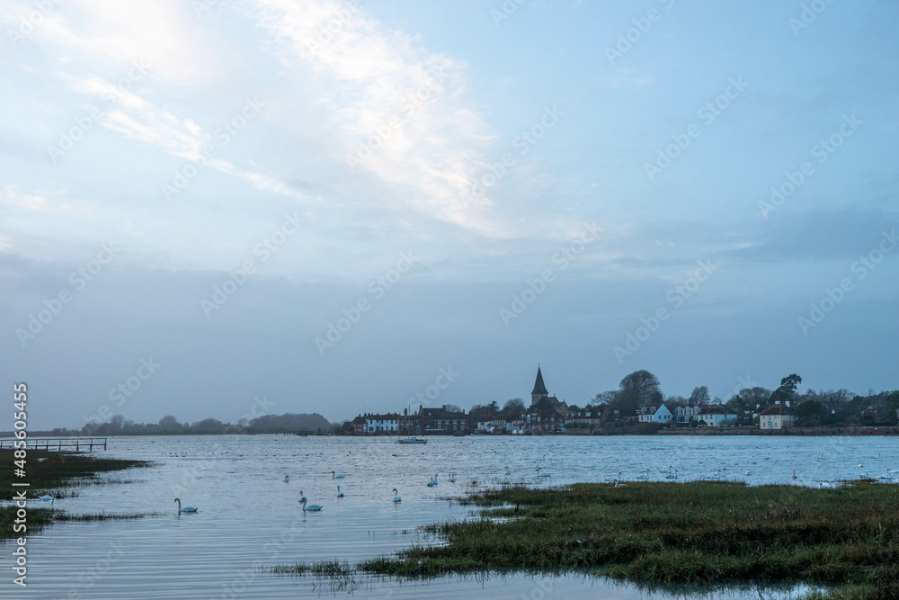 swans in the harbour of picturesque Bosham England on a stormy winters day