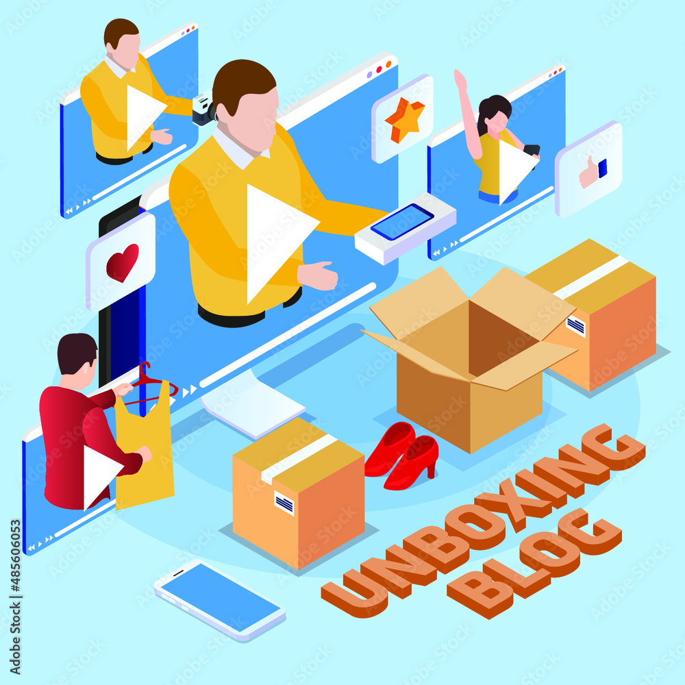 Unboxing blog or vlog isometric 3d vector illustration concept for banner, website, landing page, ads, flyer template Unboxing blog or vlog isometric 3d vector illustration concept for banner, website, landing page, ads, flyer template