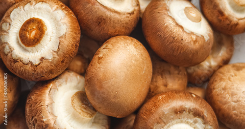 Top View Of Uncooked Fresh Raw Royal Champignon Mushrooms Close Up. Appetizing Brown Mushrooms Ready For Eating. Bowl with Edible Vegetables Cultivated Conception