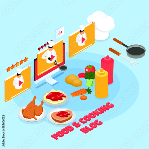 Food and cooking blog or vlogger isometric 3d vector illustration concept for banner, website, landing page, ads, flyer template